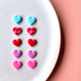 Mini Heart Studs - Red and Pink Checks